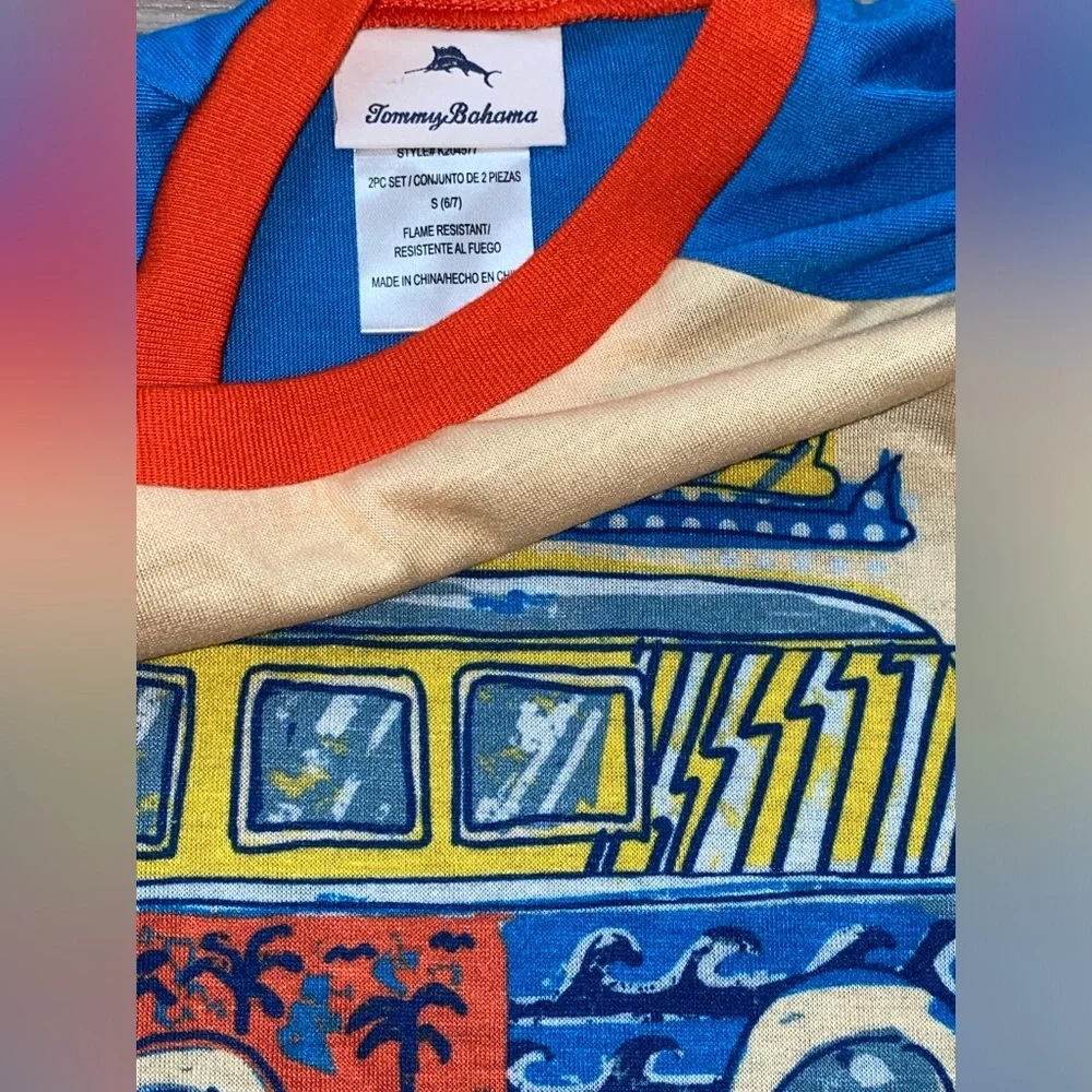 NWOT Tommy Bahama Blue Yellow Surf Vibes Pajamas PJs 2pc Matching Shorts Set 6 7